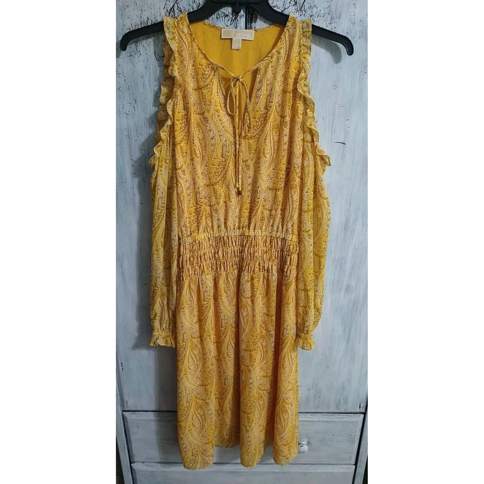 Michael Kors Cold Shoulder Ruffled Sleeve Dress Medium Yellow Boho Feminine Y2k